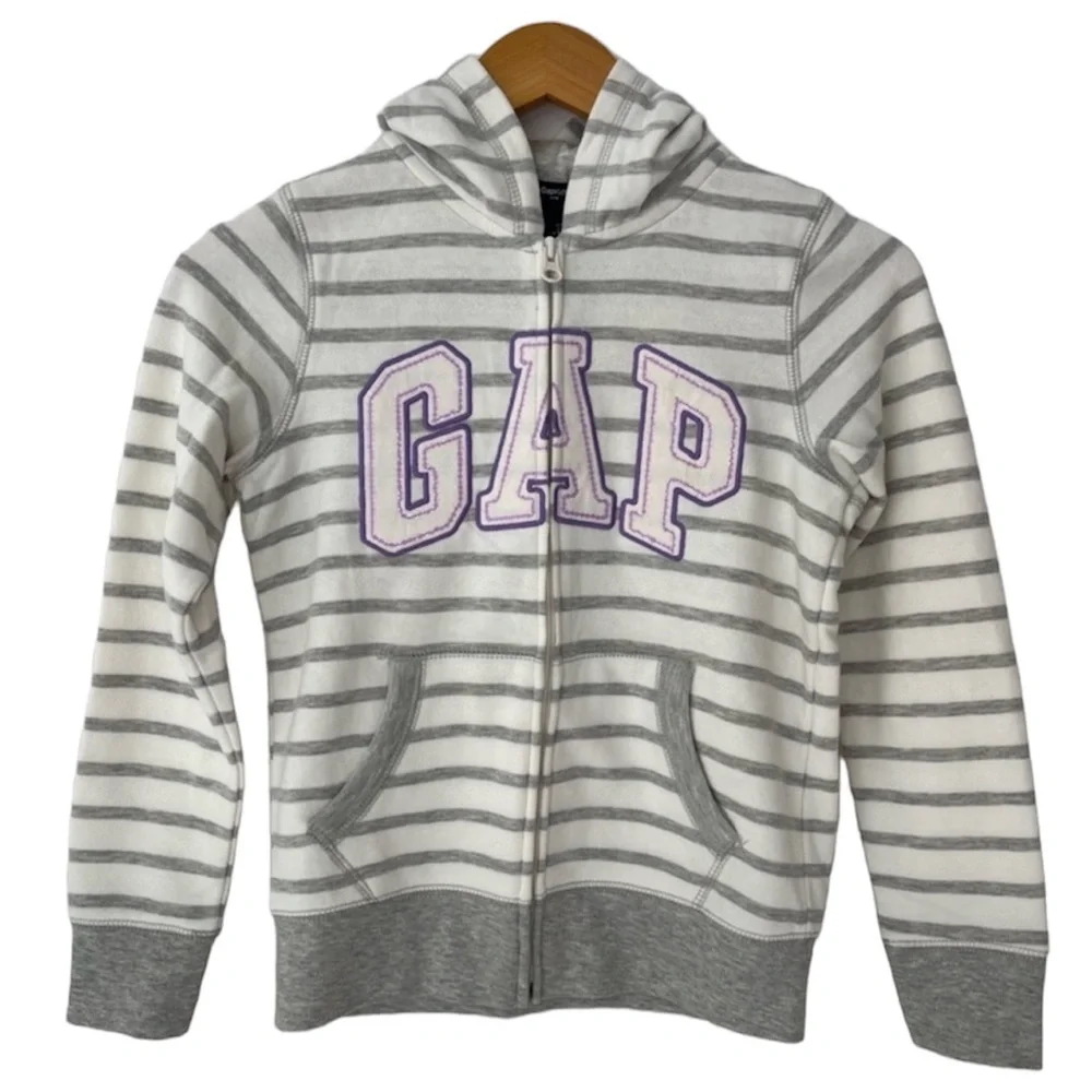 GAPkid Hooded Sweatshirt Gray & White Stripe Purple Sequin NWT Girls Size Medium